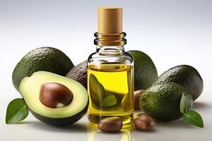 AI generated avocado oil extract with isolated kitchen table professional advertising food photography photo