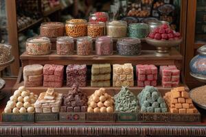 ai generado un grande regalo caja lleno con un variedad de chocolates y galletas profesional publicidad comida fotografía foto