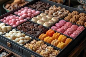 AI generated A large gift box filled with a variety of chocolates and cookies professional advertising food photography photo