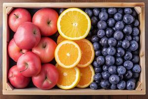 ai generado Fresco frutas regalo caja profesional publicidad comida fotografía foto