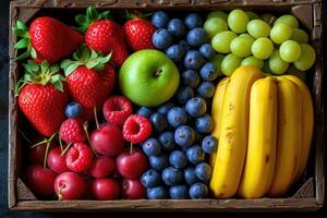 ai generado Fresco frutas regalo caja profesional publicidad comida fotografía foto