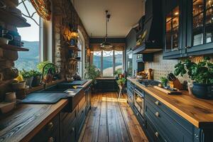 AI generated modern kitchen design with wooden flooring interior professional advertising photography photo