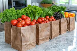 AI generated fresh produce and grocery bags sitting on top of a countertop professional advertising food photography photo