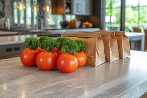 AI generated fresh produce and grocery bags sitting on top of a countertop professional advertising food photography photo