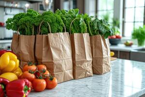 AI generated fresh produce and grocery bags sitting on top of a countertop professional advertising food photography photo