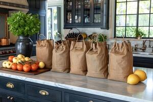 AI generated fresh produce and grocery bags sitting on top of a countertop professional advertising food photography photo