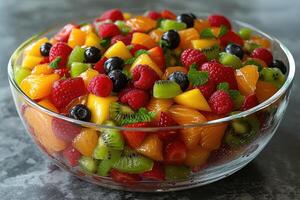 AI generated Fresh mixed fruits salad in a bowl professional advertising food photography photo