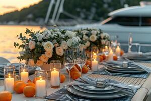 AI generated dining table in the yacht design professional advertising photography photo