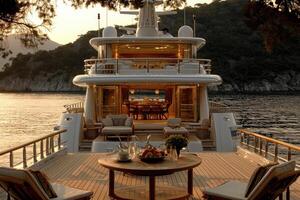 AI generated dining table in the yacht design professional advertising photography photo