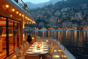 AI generated Dining table on the upper deck fancy yacht professional advertising food photography photo