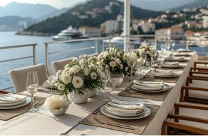 AI generated dining table in the yacht design professional advertising photography photo