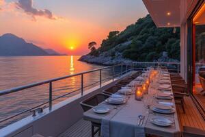 AI generated Dining table on the upper deck fancy yacht professional advertising food photography photo