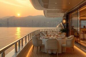 AI generated Dining table on the upper deck fancy yacht professional advertising food photography photo