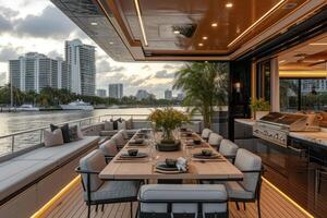 AI generated Dining table on the upper deck fancy yacht professional advertising food photography photo