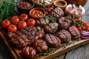 AI generated Delicious grilled meat with vegetables professional advertising food photography photo