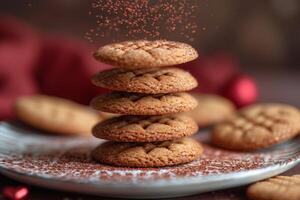 AI generated heart chocolate cookies flying in the air professional advertising food photography photo