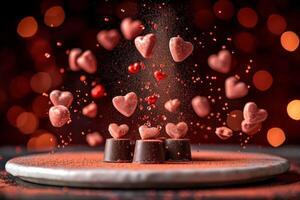 AI generated heart chocolate cookies flying in the air professional advertising food photography photo