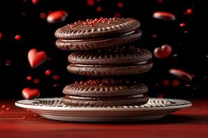 AI generated heart chocolate cookies flying in the air professional advertising food photography photo