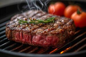 AI generated Juicy and rare grilled steak on a plate, ready to eat photo