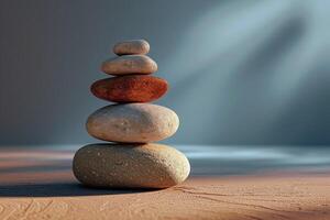 AI generated Balanced rocks form an artful stack atop a wooden table photo