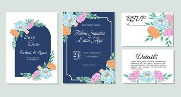 Blue Peony and Rose Flower Wedding Invitation Template vector