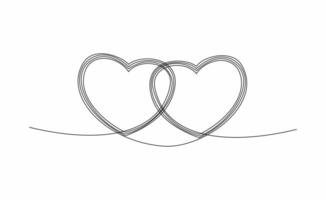 Artistic symbol of two linked hearts from one line hand drawing, isolated on white background. vector