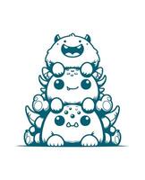 Three cute aliens monster on top each other smiling with happy face, Black and white color, thick outline, flat vector illustration