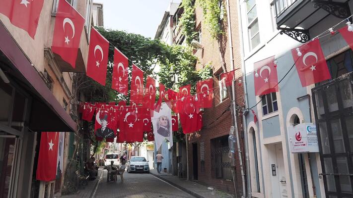 Turkish National Flag Hang on a Rope in the Street Stock Image