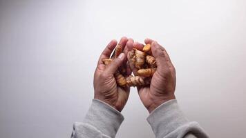 top view of holding turmeric roots video