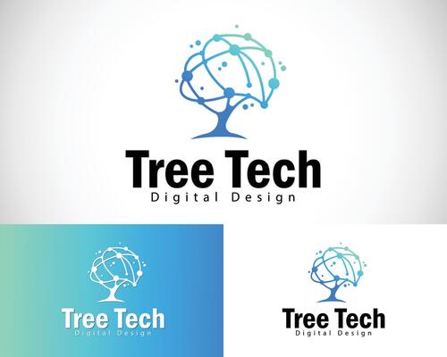 digital tree logo creative network connect design concept pixel brain