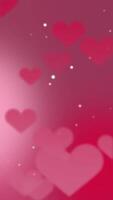 Vertical background video animation with flying hearts and bubbles on pink gradient background.