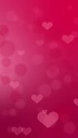 Vertical background video animation with flying hearts and bubbles on red and pink gradient background.