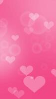 Vertical background video animation with flying hearts and bubbles on pink gradient background.