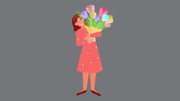 Woman is hiding behind the flower bouquet. Loop animation without background. video