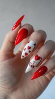 AI generated Beautiful perfect fingers, perfect long nails with beautiful manicure for Valentines day. photo