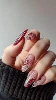 AI generated Beautiful fingers with long nails and beautiful idea manicure for Valentines day. photo