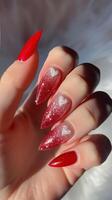 AI generated Beautiful perfect fingers, perfect long nails with beautiful manicure for Valentines day. photo