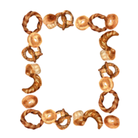 ram av annorlunda typer av bakad varor vattenfärg. hand dragen simit, pretzel för bageri. målad brioche, bagel. illustration av croissant, bröd. design för bageri, matvaror Lagra. png