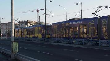 turkey istanbul 1 june 2023. T1 tram at on the bridge at Eminonu video