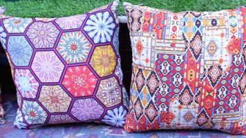 Colourful cushions on display for sale in a traditional Turkish Bazaar. video