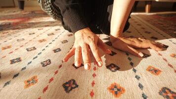 women hand touching new home carpet video