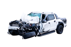 Car crash, Front and Side view of white pickup car get hard damaged by accident on the road. damaged cars after collision. isolated on transparent background, PNG File