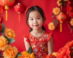 ai generado chino nuevo año foto dispara con un niña y China fondo, celebrar tradiciones y festividades de el nuevo año para decorando cubrir publicidad