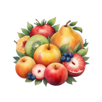 ai généré graphique de une bouquet de fleurs et des fruits sur une Contexte de vert feuilles png