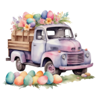 AI generated watercolor graphics for easter retro truck with easter eggs png