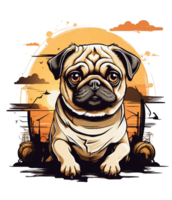 AI generated vintage graphics dog on the background of the setting sun png