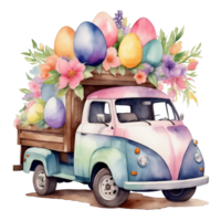 AI generated watercolor graphics for easter retro truck with easter eggs png