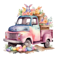 AI generated watercolor graphics for easter retro truck with easter eggs png