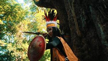 Indigenous warrior in traditional attire with a shield, posing in a forest setting. video