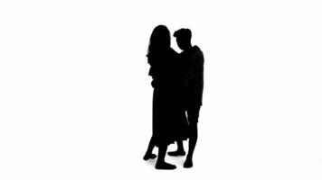 silhouette di un' uomo e donna in piedi viso per viso, possibilmente nel conversazione, isolato su bianca sfondo. video